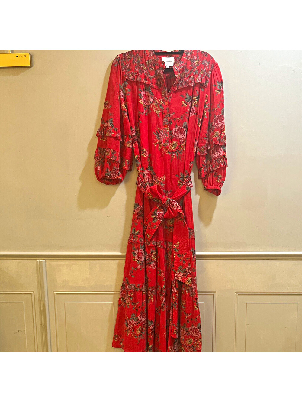 sundays Womens XS Red Pink Floral Collared Button Front Belted Maxi Dress